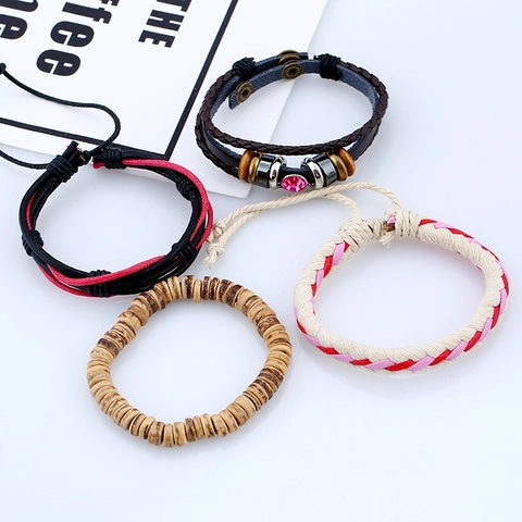 Vintage Woven Leather Multilayer Wrap Bracelet Set For Men Women Boho Punk Style Rhinestone Accents Fashion Jewelry Gift