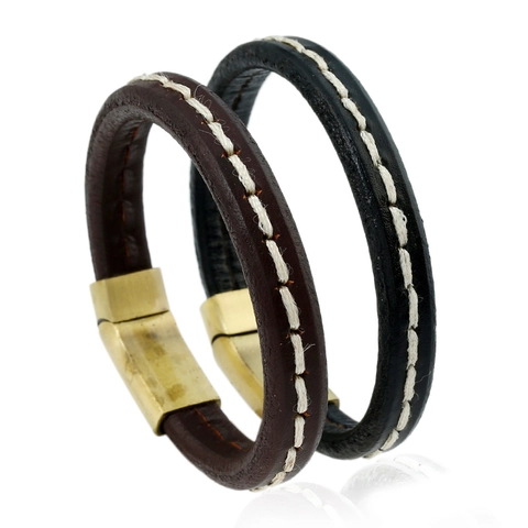 Punk Vintage Genuine Cowhide Leather Bracelet For Men Minimalist Alloy Magnet Buckle Handmade Stitching Wristband Black Brown Fashion Jewelry
