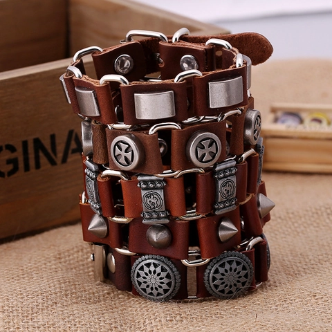 Pulsera de Cuero de Vaca Punk Retro Hecha a Mano para Hombres Mujeres Vintage Aleación Remache Puño Joyería Biker