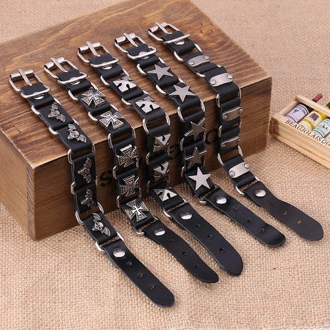 Bracciale in Vera Pelle Punk retrò per Uomo Donna Lega di Vacchetta Teschio Ala Rivetto Gotico Bangle Gioielli Rock Fatti a Mano