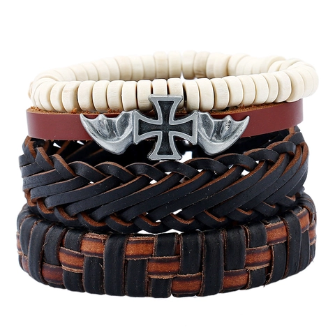 Set di Bracciali in Pelle Vintage Punk da Uomo Bracciale Avvolgente in Pelle di Vacchetta Intrecciata a Mano Con Ciondoli a Croce e Ali in Metallo Perline in Legno Gioielli Regalo Regolabili