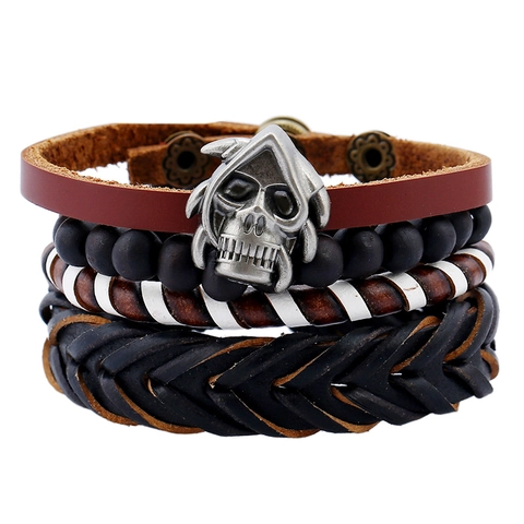 Retro Punk Herren Mehrlagiges Rindsleder Armband Set Gewebte Kordel Sensenmann Totenkopf Anhänger Metall Verstellbares Armband