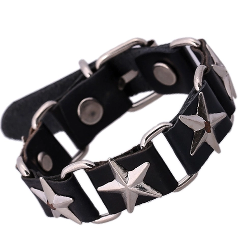 Vintage Punk Genuine Cowhide Leather Bracelet With Alloy Star Rivets Adjustable Rock Biker Unisex Wristband Fashion Jewelry