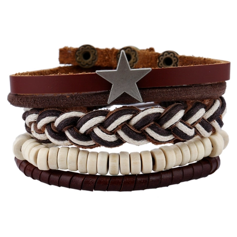 Bracciale Multistrato in Pelle di Vacchetta Retrò da Uomo Set di Corda di Canapa Intrecciata a Mano Perline di Legno Stella in Lega