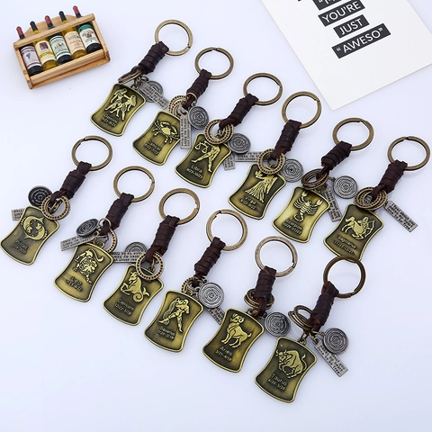 Vintage Intrecciato Vera Pelle 12 Costellazioni Llavero Retro Bronzo Lega Auto Portachiavi Regalo Per Uomini Donne