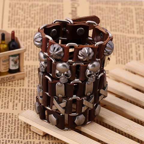 Punk Echt Runderleer Schedel Armband Retro Gothiek Brede Polsband Met Metalen Studs Skelet Charmes Handgemaakte Sieraden
