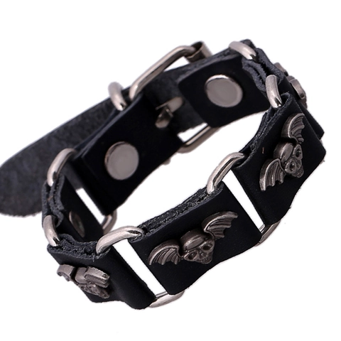 Bracciale in Vera Pelle Punk retrò per Uomo Donna Lega di Vacchetta Teschio Ala Rivetto Gotico Bangle Gioielli Rock Fatti a Mano