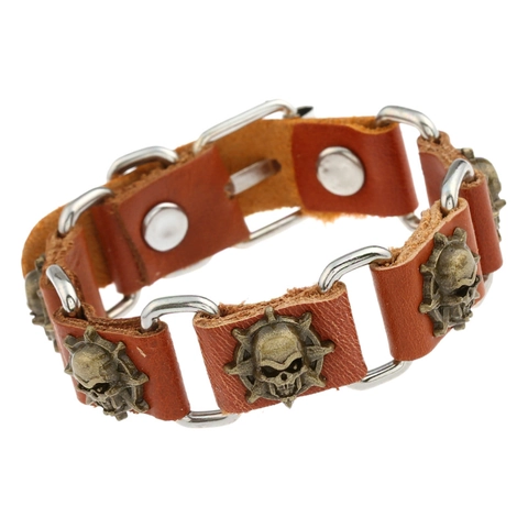 Bracciale Teschio in Pelle Punk Vintage Cinturino in Vacchetta Regolabile con Anelli di Metallo Gioielli Retro Unisex