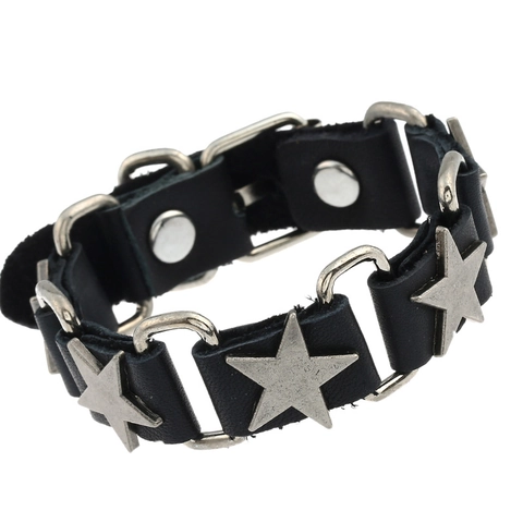 Men's Punk Rock Cowhide Leather Bracelet Pentagram Star Alloy Rivet Gothic Street Style Wide Cuff Bangle Bracelet Jewelry