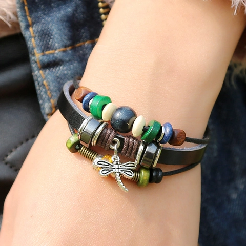 Vintage Multi-layer Braided Cowhide Bracelet With Dragonfly Pendant Handmade Colorful Wood Beads Bohemian Wristband For Unisex