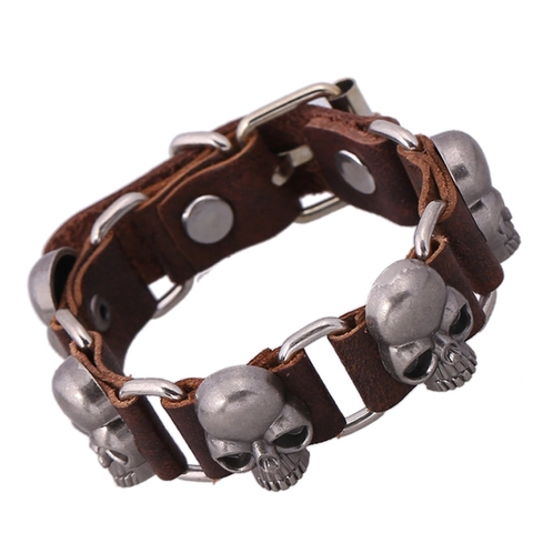 Punk Echt Runderleer Schedel Armband Retro Gothiek Brede Polsband Met Metalen Studs Skelet Charmes Handgemaakte Sieraden