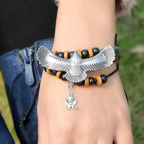Bracciale in Pelle Vintage Punk Per Uomo Donna Aquila Teschio Multistrato Intrecciato Regolabile Fatto a Mano Gioielli Rock Etnici