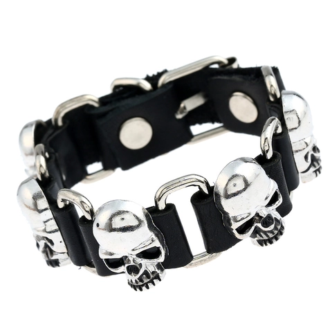 Bracciale Punk in Pelle di Vacca con Teschio per Uomo Donna Gothic Rock Retro in Lega Regolabile con Bottone a Pressione Gioielli