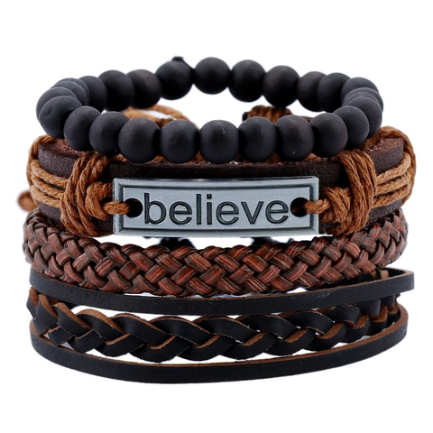 Men Retro Punk Multi-layer Leather Bracelet Cowhide Bangle PU Woven Rope With Believe Metal Plate Wood Beads Jewelry Bangle