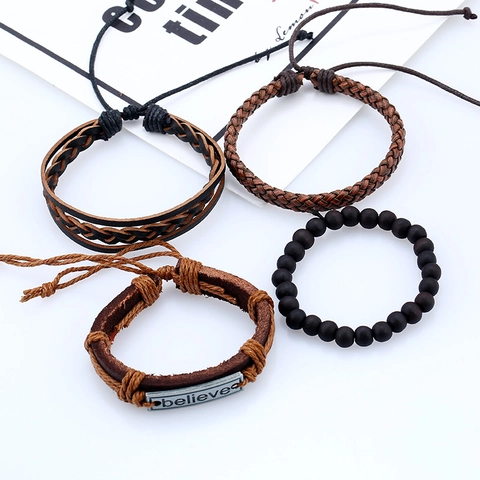 Men Retro Punk Multi-layer Leather Bracelet Cowhide Bangle PU Woven Rope With Believe Metal Plate Wood Beads Jewelry Bangle