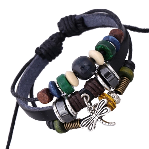 Vintage Multi-layer Braided Cowhide Bracelet With Dragonfly Pendant Handmade Colorful Wood Beads Bohemian Wristband For Unisex
