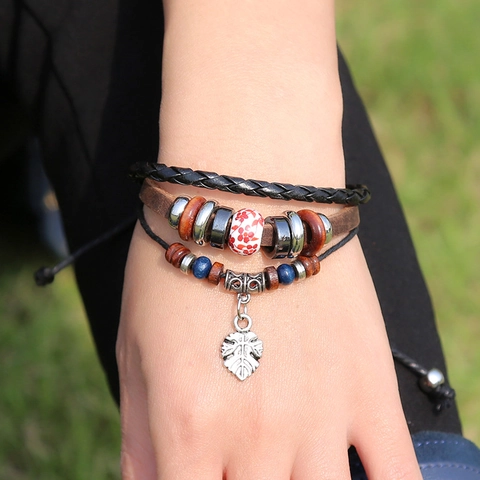 Vintage Multilayer Leather Bracelet For Men Women Handmade Braided Cord Alloy Leaf Pendant Ceramic Wood Bead Adjustable Wristband