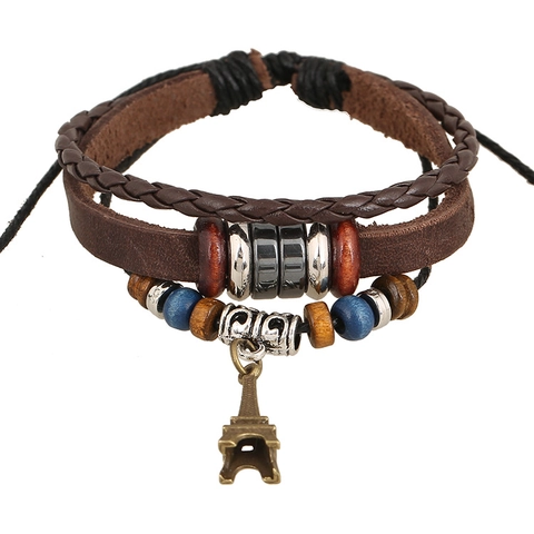 Vintage Multi-layer Cowhide Leather Bracelet For Men Women Woven Rope Beaded Bracelet With Bronze Eiffel Tower Pendant Jewelry