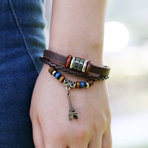 Vintage Multi-layer Cowhide Leather Bracelet For Men Women Woven Rope Beaded Bracelet With Bronze Eiffel Tower Pendant Jewelry