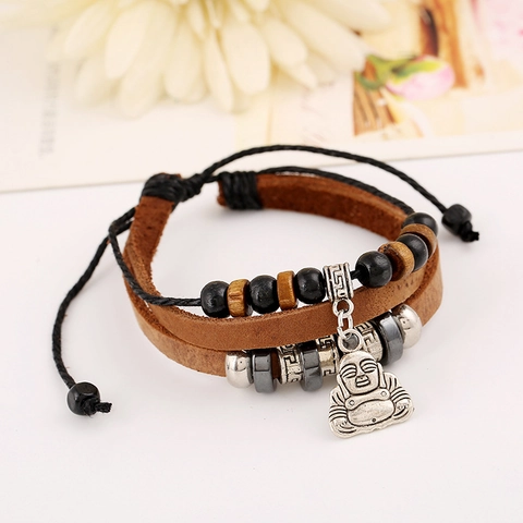 Vintage Herren Mehrlagig Echtleder Perlenarmband Mit Buddha Anhänger Handgefertigte Holzperlen Ethno Punk Schmuck Armband
