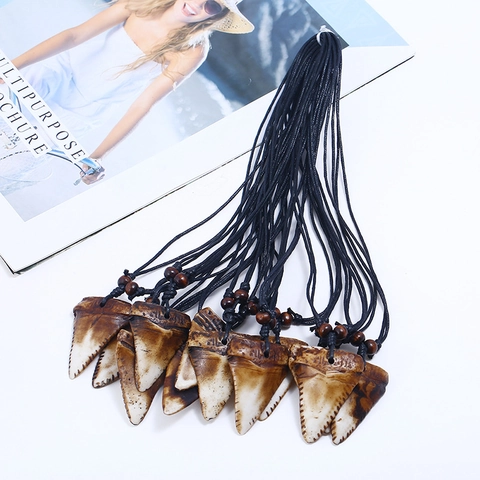Vintage Tribal Shark Tooth Pendant Necklace For Men Women Handwoven Wax Cord Resin Faux Bone Surfer Punk Jewelry Gift