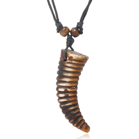 Collana Con Pendente a Corno di Bue in Resina Etnica Rétro Per Uomo Stile Punk Vintage Cordino Cerato Grani di Legno