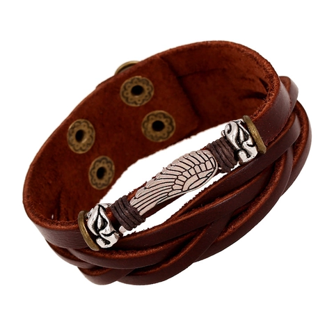 Pulsera de Cuero Marrón Vintage para Hombres Mujeres Hecha a Mano Trenzada Estilo Punk Ala Pluma Amuleto Muñequera Retro Joyería Regalo