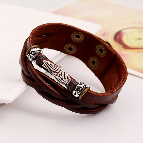 Pulsera de Cuero Marrón Vintage para Hombres Mujeres Hecha a Mano Trenzada Estilo Punk Ala Pluma Amuleto Muñequera Retro Joyería Regalo