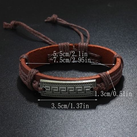 Vintage Bohemian Heren Handgeweven Rundleer Armband Met Griekse Sleutel Metalen Plaat Verstelbaar Punk Trekkoord Armband Voor Heren Dames