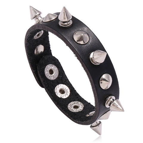 Pulsera de Cuero de Vaca Punk Rock Con Remaches de Metal Plateado Picos Forma de Bala Botón de Presión Joyería Hombre