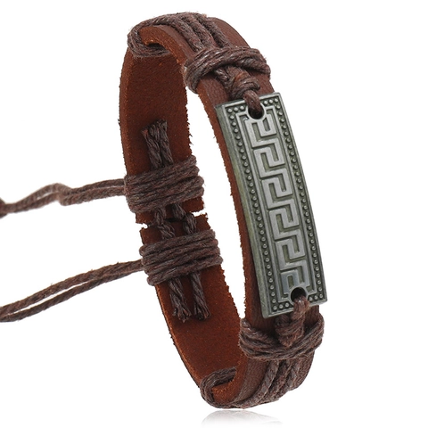 Vintage Bohemian Heren Handgeweven Rundleer Armband Met Griekse Sleutel Metalen Plaat Verstelbaar Punk Trekkoord Armband Voor Heren Dames