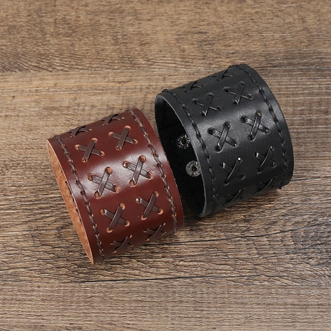 Vintage Handgewebtes Breites Lederarmband Für Herren Punk Rock Rindsleder Manschette Mit Verstellbaren Metall Druckknöpfen Retro Schmuck