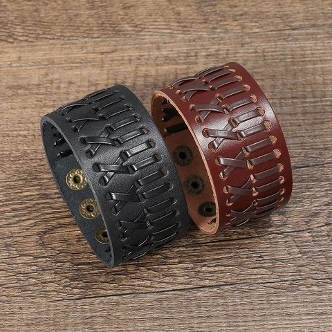 Vintage Punk Breites Lederarmband Für Herren Damen Handgewebt Verstellbar Metall Druckknopf Armreif Handgefertigter Schmuck