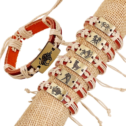 Vintage Twelve Constellations Woven Cowhide Bracelet Antique Bronze Alloy Zodiac Sign Adjustable Punk Ethnic Style Bracelet