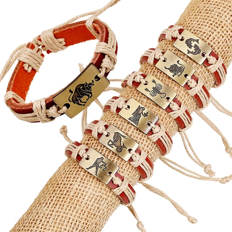Vintage Twelve Constellations Woven Cowhide Bracelet Antique Bronze Alloy Zodiac Sign Adjustable Punk Ethnic Style Bracelet