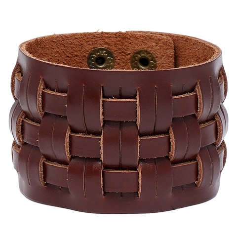 Vintage Punk Breite Geflochtene Rindsleder Armband Für Damen Herren Retro Biker Motorrad Armreif Mit Metall Druckknöpfen