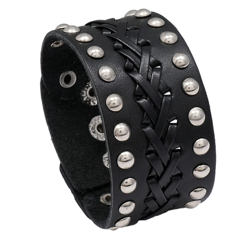 Bracciale in Pelle da Uomo Vintage Punk Design Intrecciato Rivetti in Metallo Polsino Largo Braccialetto con Bottone Regolabile Gioielli Rock