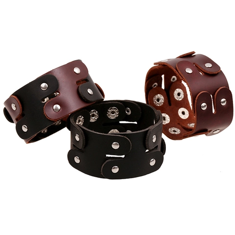 Vintage Punk Wide Leather Bracelet For Men Women Cowhide Alloy Rivet Snap Button Cuff Bangle Rock Gothic Wristband Retro