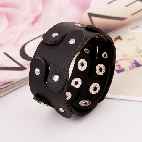 Vintage Punk Wide Leather Bracelet For Men Women Cowhide Alloy Rivet Snap Button Cuff Bangle Rock Gothic Wristband Retro