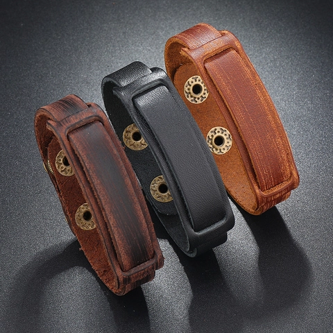 Vintage Rindsleder Armband Für Herren Punk Breite Manschette Handgefertigt Distressed Geometrische Eisen Druckknöpfe Schmuck