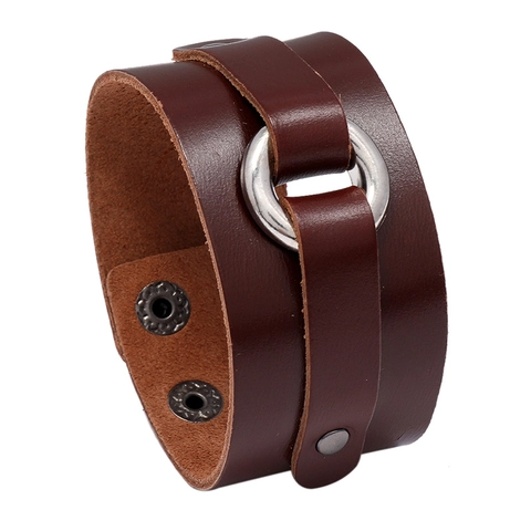 Retro Punk Heren Brede Leren Armband Met Metalen Ring Verstelbare Drukknoppen Vintage Runderleren Polsband Voor Heren Dames Mode-Sieraden