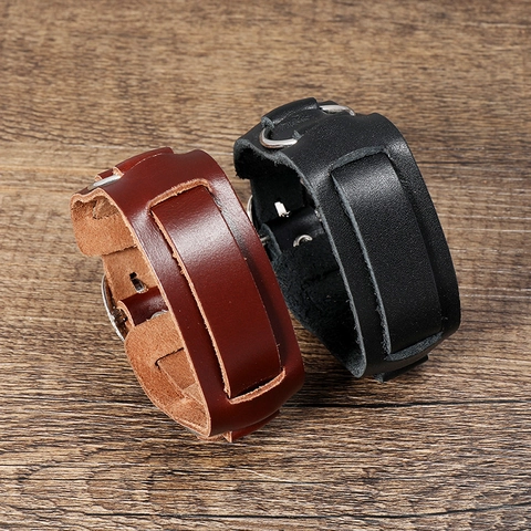 Bracciale da Uomo in Pelle Bovina Punk Retro Multistrato Rock Streetwear Fibbia in Metallo Regolabile Cinturino Largo Gioielli Gothic