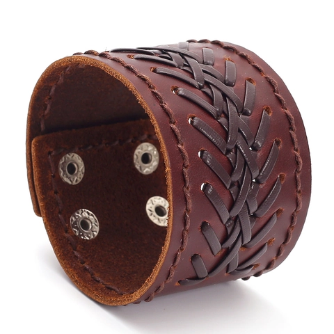 Bracciale Largo in Pelle di Vacca Intrecciata a Mano Vintage per Uomo Bracciale Punk Rock Regolabile Gioielli di Moda Uomo