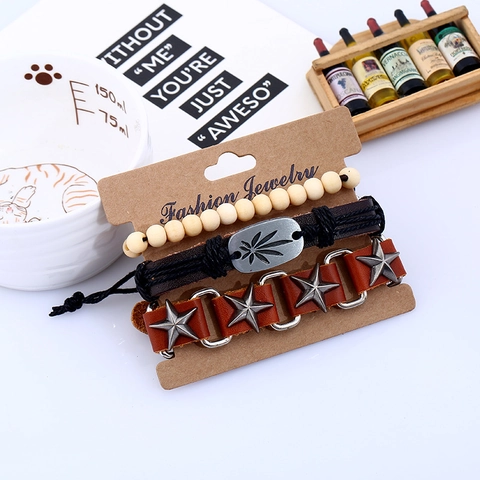Retro Punk Woven Leather Bracelet Multilayer Alloy Star Leaf Charm Wood Bead Adjustable Fashion Jewelry Wristband