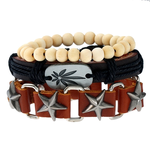 Retro Punk Woven Leather Bracelet Multilayer Alloy Star Leaf Charm Wood Bead Adjustable Fashion Jewelry Wristband