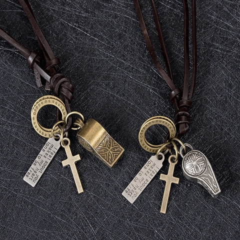 Retro Cattle Hide Alloy Whistle Cross Pendant Necklace For Men Women Adjustable Punk Leather Long Sweater Chain Jewelry