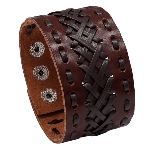 Bracciale Vintage in Pelle di Vacchetta Intrecciato a Mano per Uomo Punk Largo Regolabile in Pelle e Ferro Chiusura a Scatto