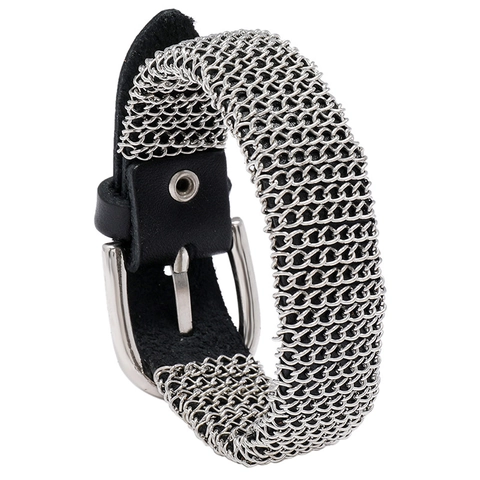 Bracelet Chaîne Punk en Cuir avec Maille Métallique Style Industriel Vintage Unisexe Poignet Réglable Bijoux de Mode