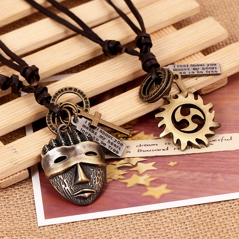 Vintage Punk Alloy Cowhide Leather Necklace For Men Women Tribal Mask Sun Gear Cross Multi-Layer Pendant Adjustable Cord Necklace Jewelry