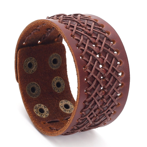 Bracciale da Uomo in Pelle di Vacchetta Intrecciato a Mano Vintage Punk Ampio Polsino in Pelle Bottone a Pressione Regolabile Gioielli